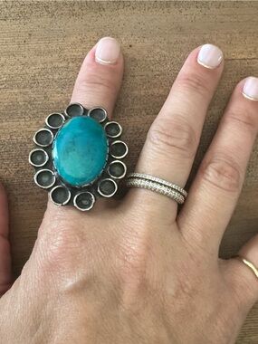 Artisan Antique Turquoise Oval Statement Ring in Sterling Silver